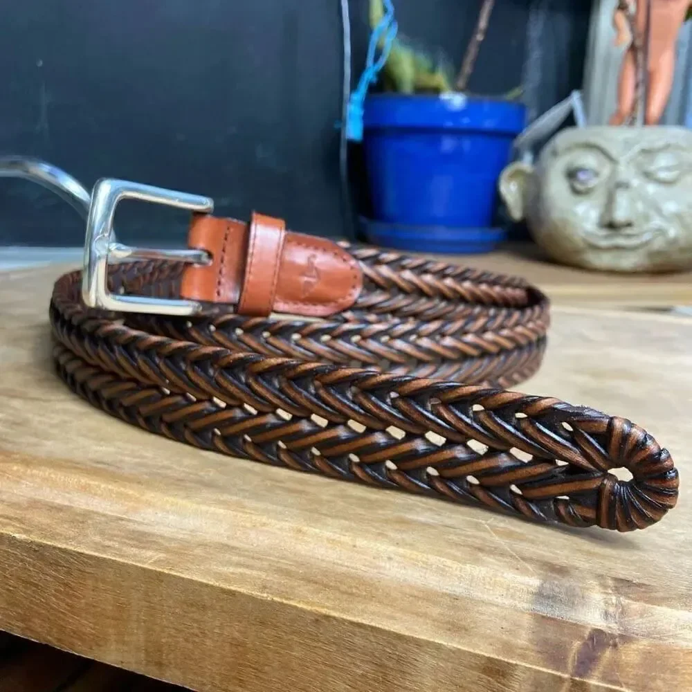 Dockers Men's Brown Braided Leather & Faux Leather Belt Silver Metal Buckle - XL